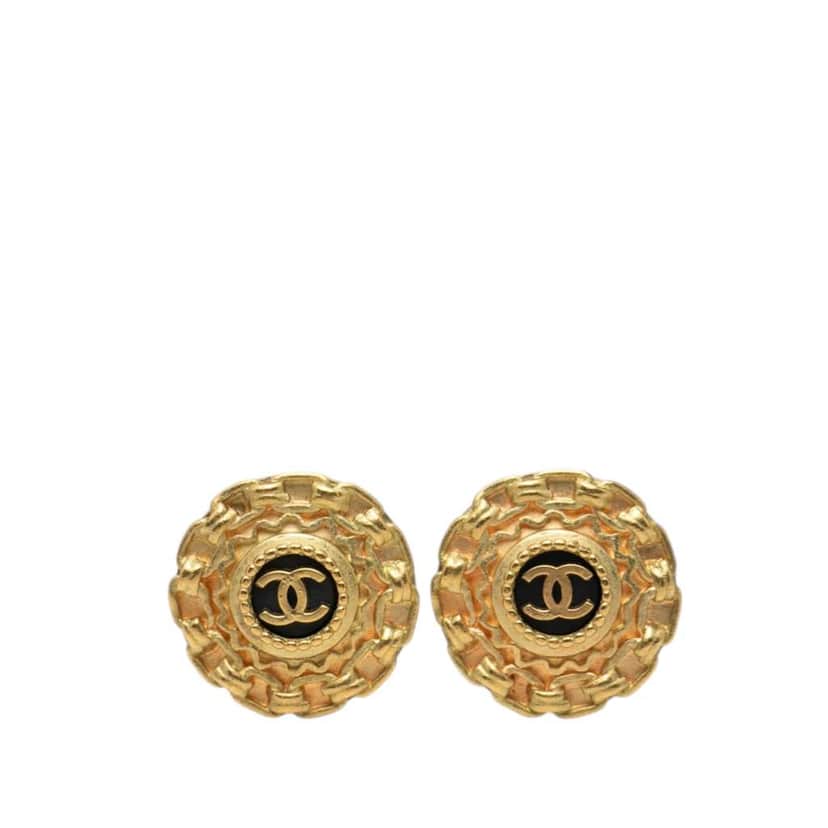 Chanel CC Gold Plated Resin Round Clip On Earrings Gold Metal Very good condition - Front View
