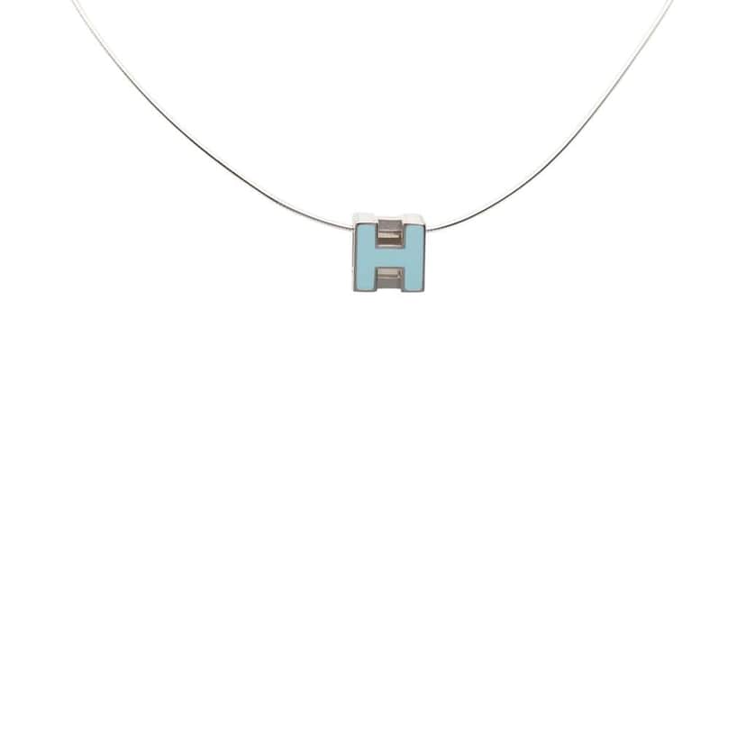 Hermès Palladium Plated Enamel Cage D H Pendant Necklace Silver Metal Very good condition - Front View