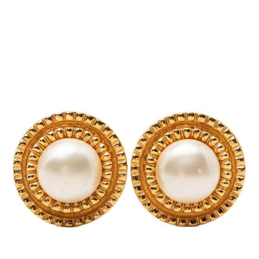 Chanel Gold Plated Faux Pearl Clip On Earrings Gold Metal Very good condition - Front View