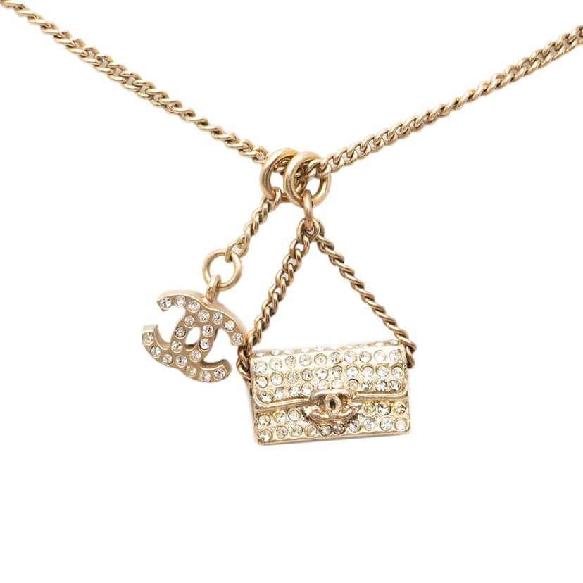 Chanel Gold Plated Rhinestone CC and Flap Bag Pendant Necklace Gold Metal Very good condition - Front View