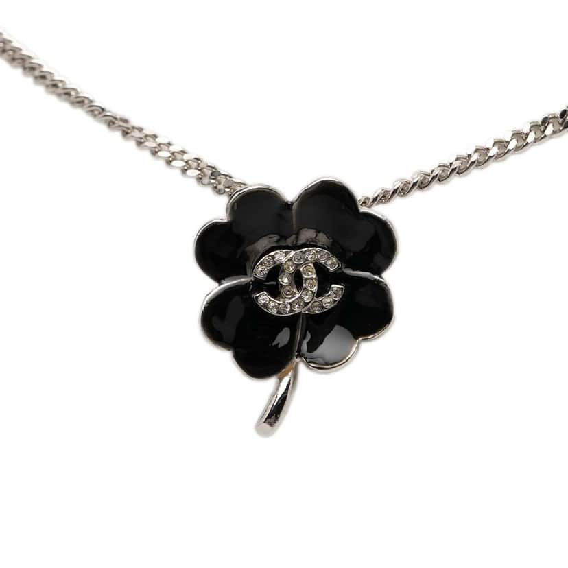 Chanel Silver Plated CC Rhinestone Lacquered Camellia Pendant Necklace Silver Metal Very good condition - Front View