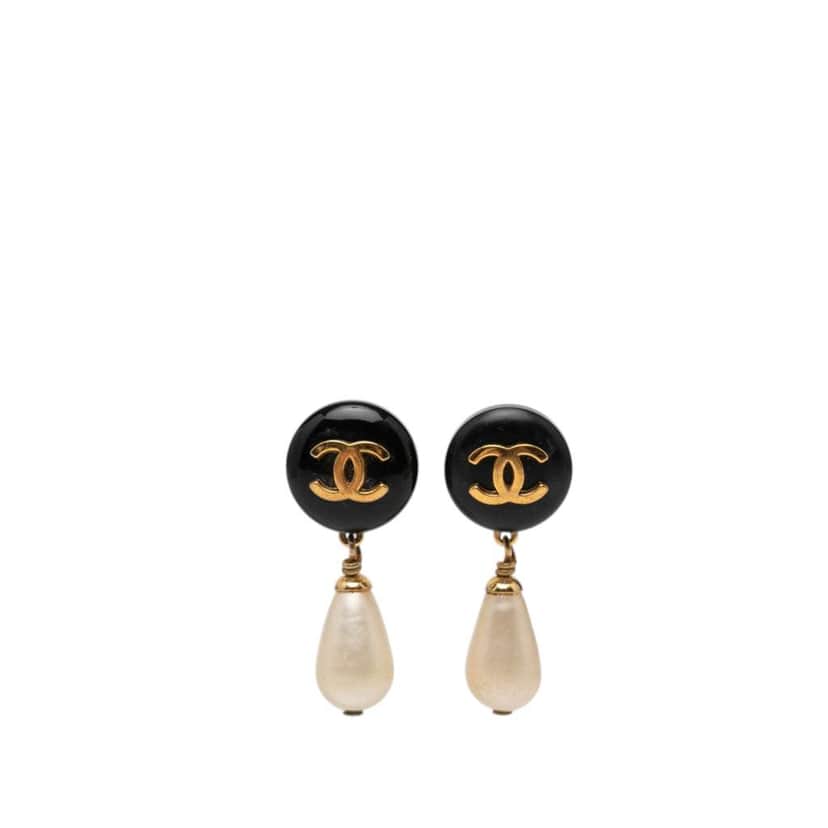 Chanel CC Gold Plated Faux Pearl and Resin Drop Earrings Gold Metal Very good condition - Front View