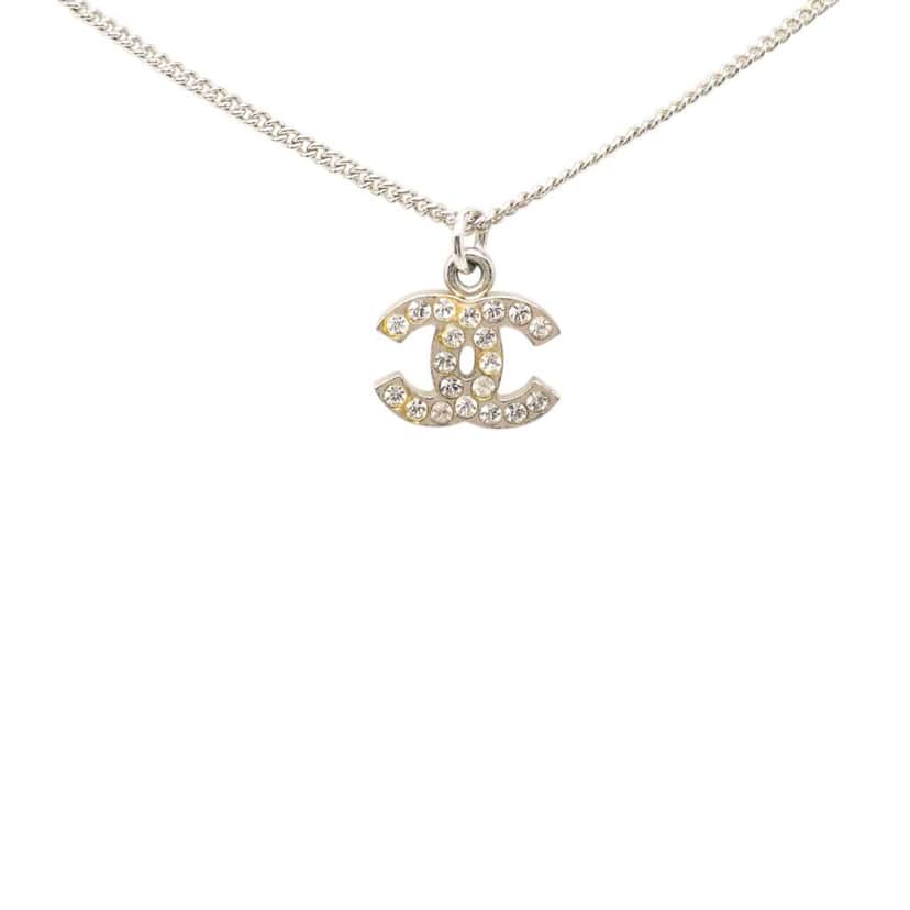 Chanel CC Silver Plated Rhinestones Pendant Necklace Silver Metal Very good condition - Front View