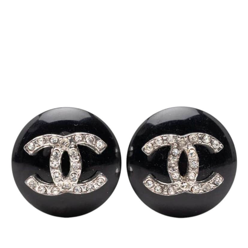 Chanel Resin CC Rhinestones Round Clip On Earrings Black Very good condition - Front View