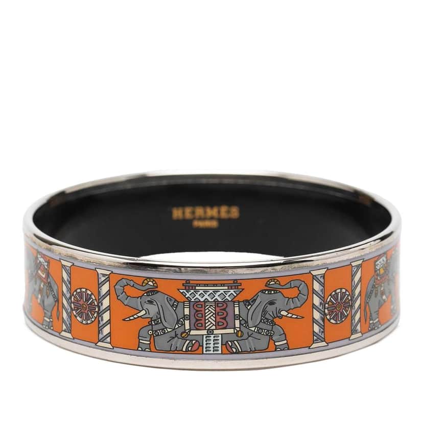 Hermès Wide Torana Elephants Enamel Bangle 65 Orange Very good condition - Front View