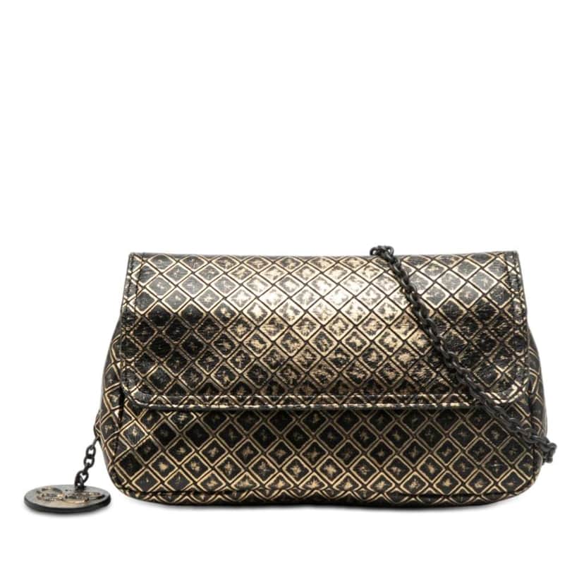 Bottega Veneta Metallic Calfskin Intrecciomirage Chain Flap Crossbody Gold Leather Very good condition - Front View