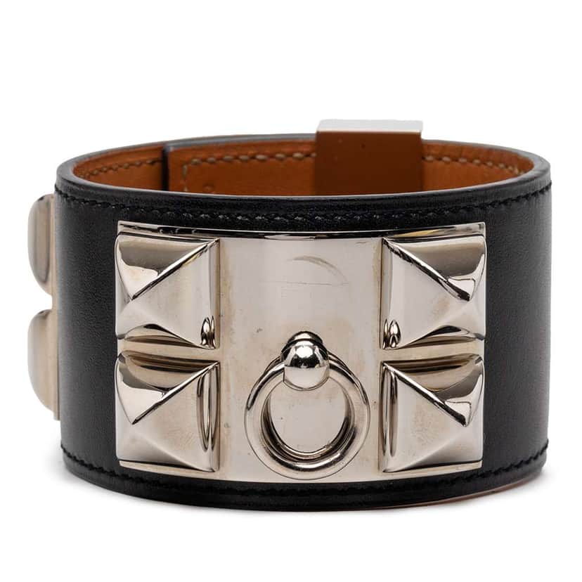 Hermès Swift Leather and Palladium Plated Collier de Chien Bracelet S Black Leather Very good condition - Front View