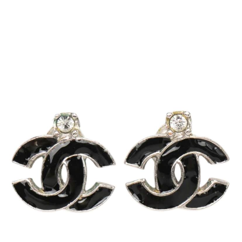 Chanel Silver Plated CC Rhinestone Lacquered Push Back Earrings Silver Very good condition - Front View