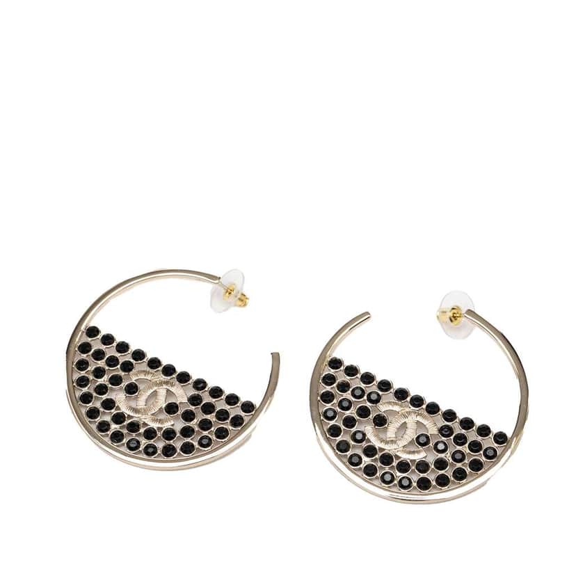 Chanel CC Gold Plated Strass Hoop Push Back Earrings Gold Metal Very good condition - Front View