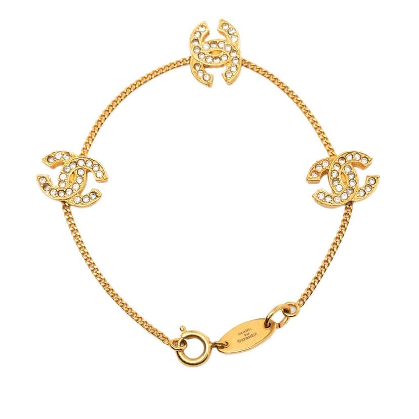 Chanel Gold Plated Rhinestone CC Charm Bracelet Gold Metal Very good condition - Front View