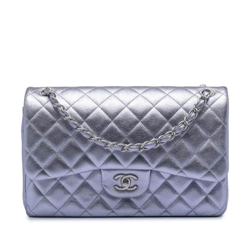 Chanel Jumbo Classic Metallic Lambskin Double Flap Purple Leather Very good condition - Front View