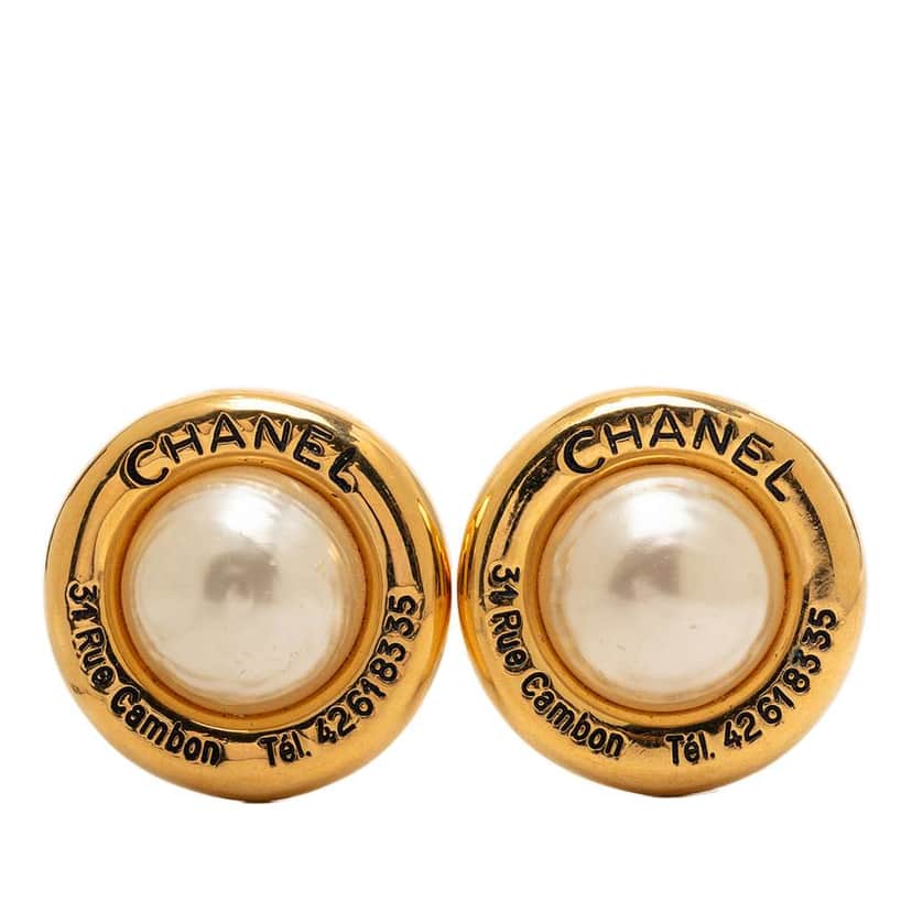 Chanel Gold Plated Faux Pearl 31 Rue Cambon Clip On Earrings Gold Metal Very good condition - Front View