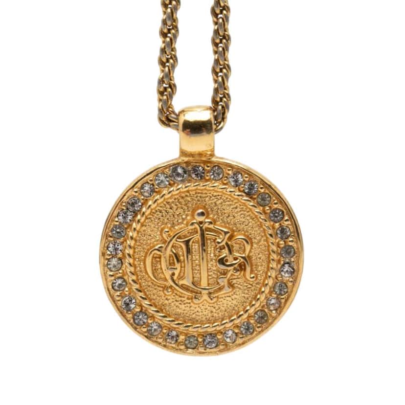Dior Gold Plated Rhinestone Logo Medallion Pendant Necklace Gold Metal Very good condition - Front View