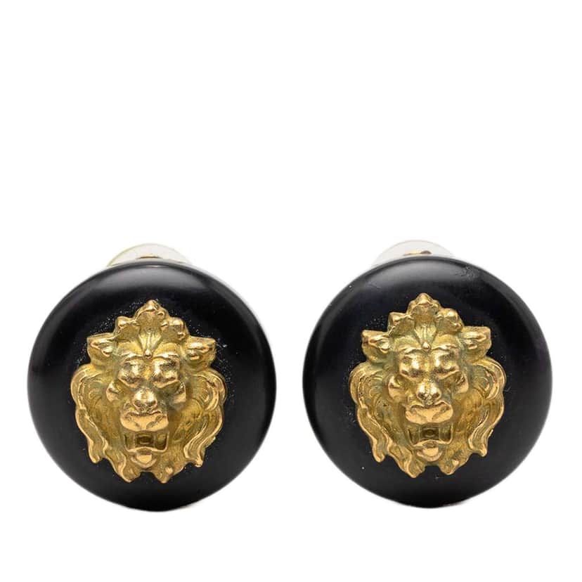 Chanel Gold Plated Resin Lion Head Clip On Earrings Black Very good condition - Front View