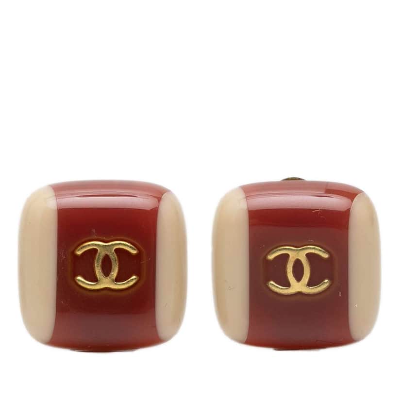 Chanel CC Gold Plated Resin Square Clip On Earrings Red Very good condition - Front View