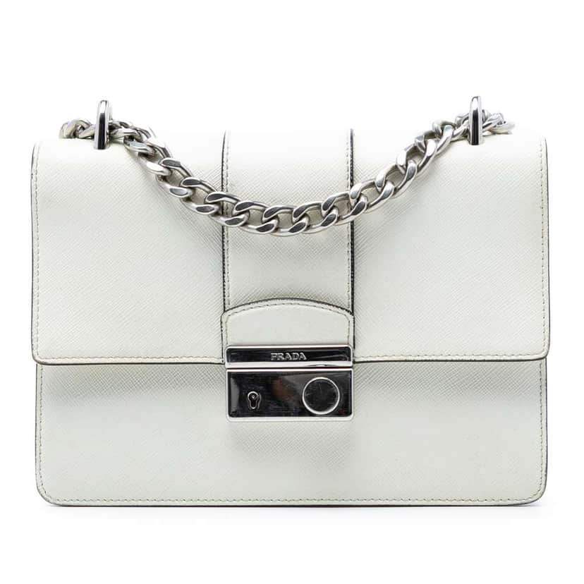 Prada Small Saffiano Sound Lock Chain Crossbody White Leather Very good condition - Front View