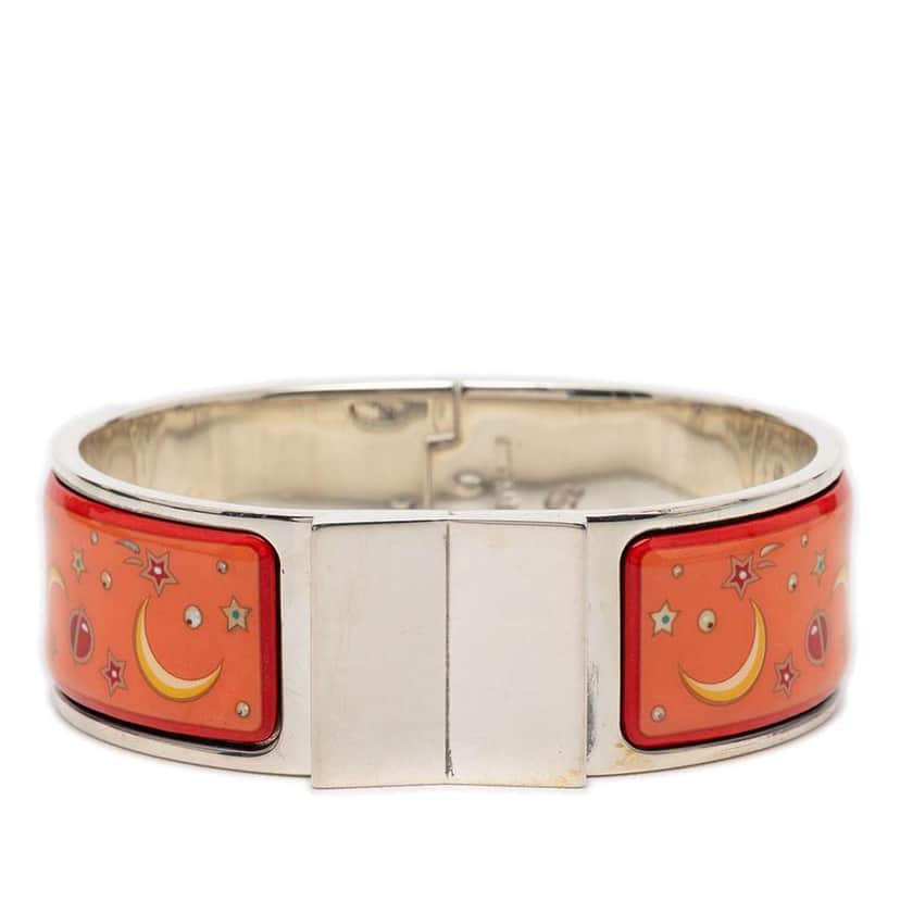 Hermès Wide Enamel Moon and Stars Loquet Bangle Orange Very good condition - Front View