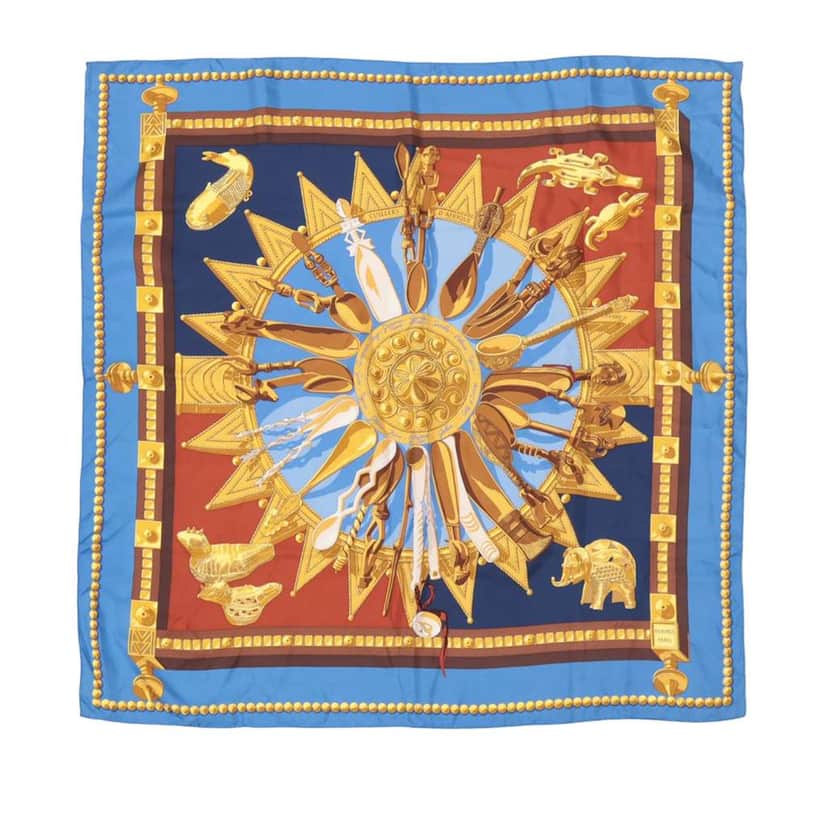 Hermès Cuillers D Afrique Silk Scarf 90 Blue Silk Very good condition - Front View