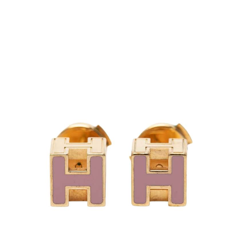 Hermès Gold Plated Enamel Cage dH Cube Push Back Earrings Purple Metal Very good condition - Front View