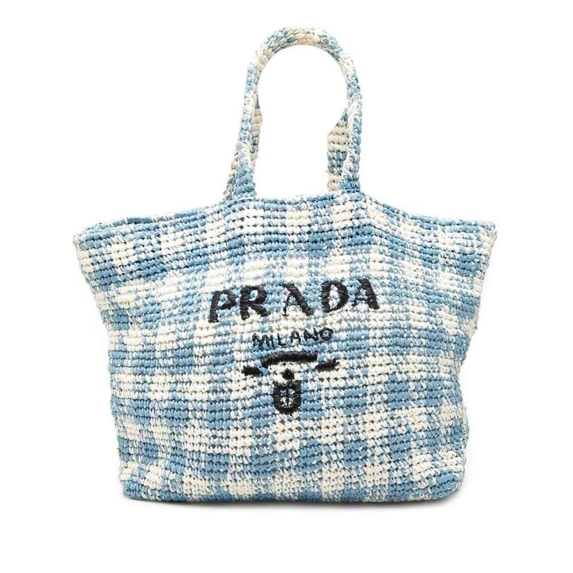 Prada Large Raffia Effect Crochet Embroidered Logo Tote Blue Very good condition - Front View