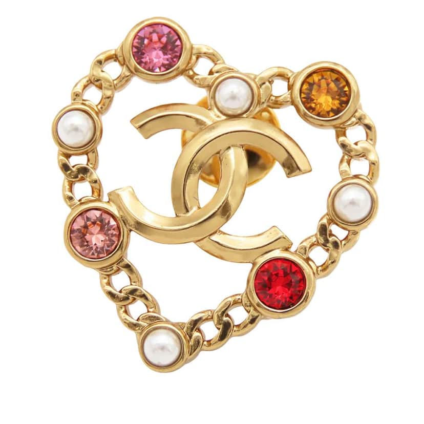 Chanel CC Gold Plated Rhinestone Faux Pearl Heart Brooch Gold Metal Very good condition - Front View