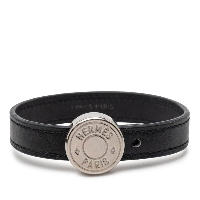 Hermès Swift Clou de Selle Looping Bracelet Black Leather Very good condition - Front View