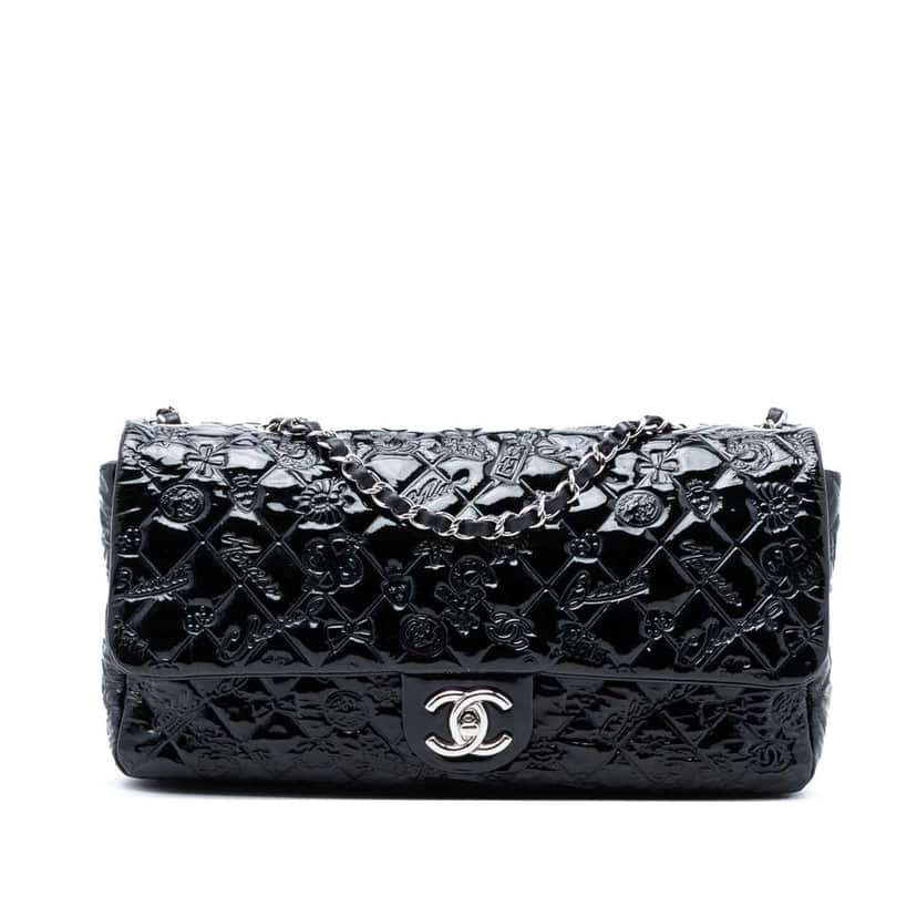 Chanel Jumbo Patent Embossed Lucky Symbols Flap Black Leather Very good condition - Front View