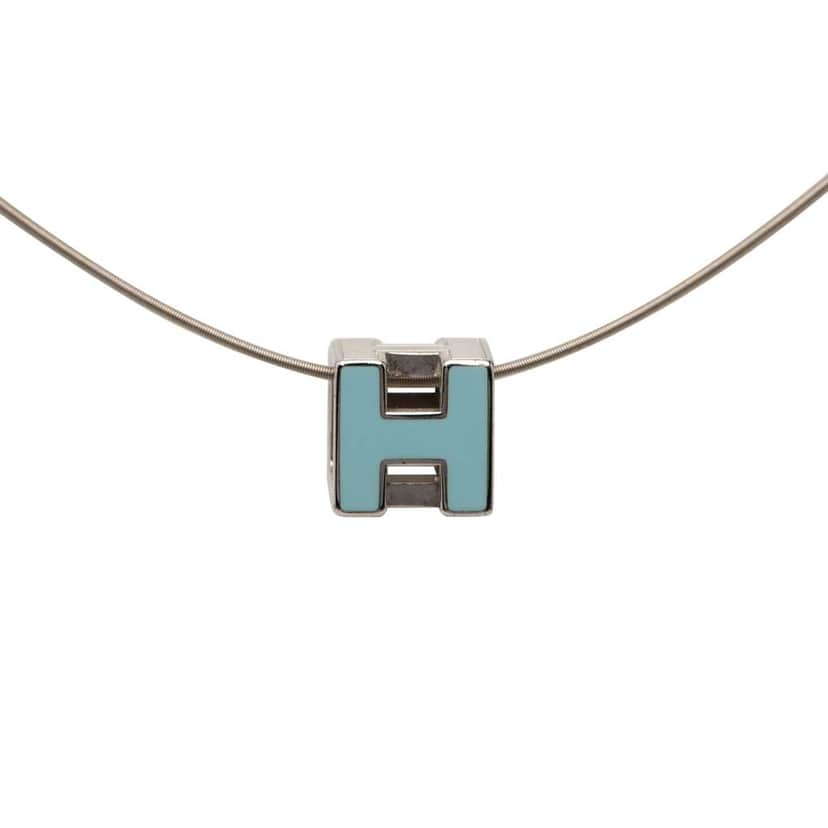 Hermès Palladium Plated Lacquered Cage D H Pendant Necklace Silver Metal Very good condition - Front View