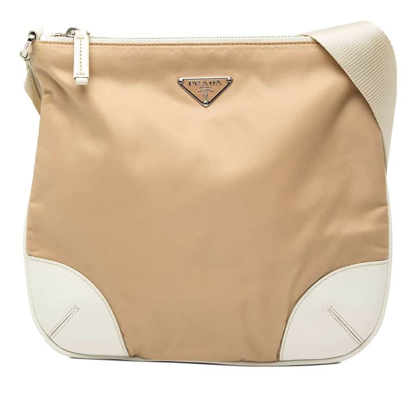 Prada Leather Trimmed Tessuto Zip Top Crossbody Beige Very good condition - Front View