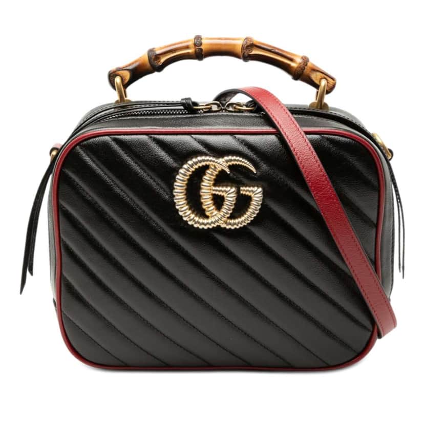 Gucci Small GG Marmont Matelasse Diagonal Leather Torchon Bamboo Satchel Black Leather Very good condition - Front View