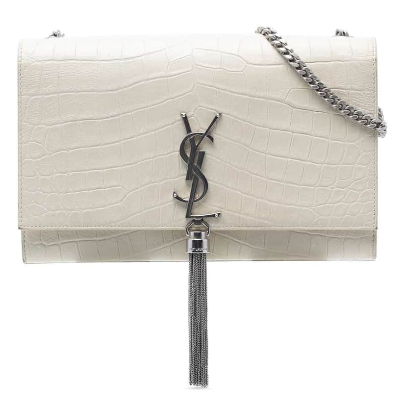Saint Laurent Medium Croc Embossed Leather Monogram Kate Tassel Crossbody White Leather Very good condition - Front View