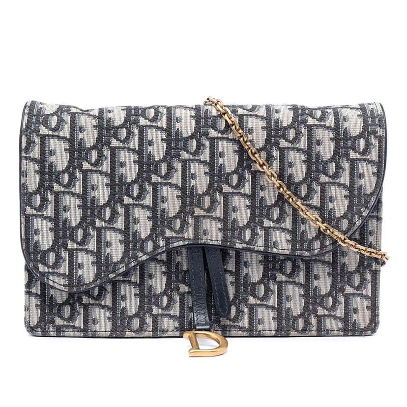 Dior Oblique Canvas Saddle Pouch Wallet on Chain Blue Canvas Very good condition - Front View