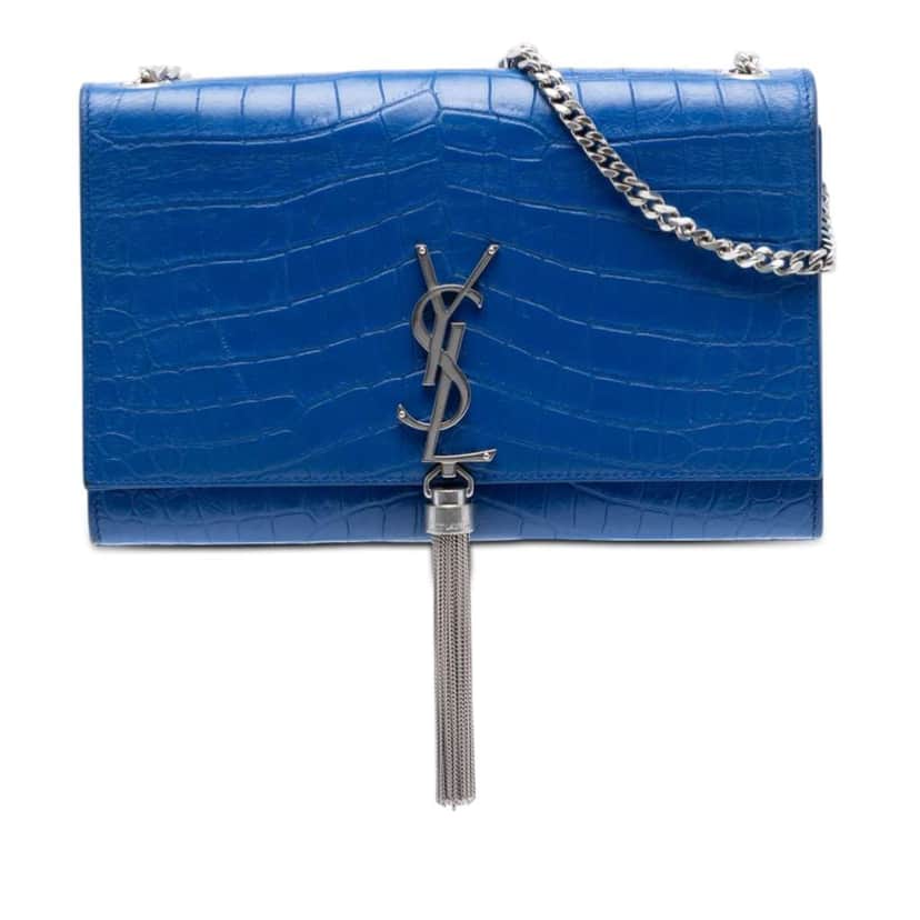 Saint Laurent Medium Croc Embossed Leather Kate Tassel Crossbody Blue Leather Very good condition - Front View