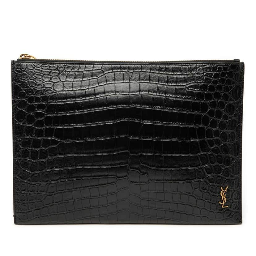 Saint Laurent Croc Embossed Leather Tiny Monogram Zipped Tablet Holder Black Leather Very good condition - Front View