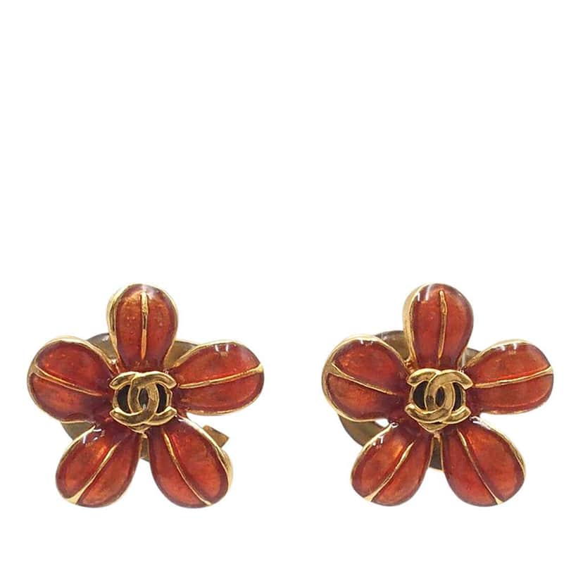 Chanel Gold Plated and Resin CC Flower Push Back Earrings Red Very good condition - Front View