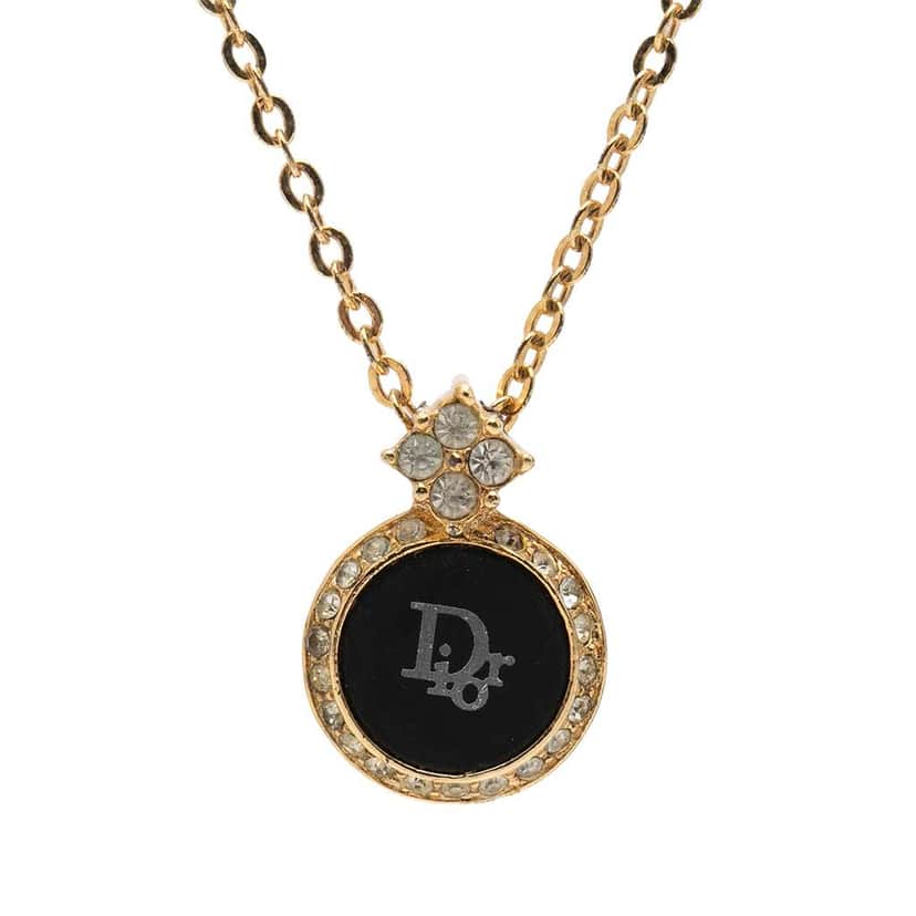 Dior Gold Plated Enamel Strass Logo Pendant Necklace Gold Metal Very good condition - Front View