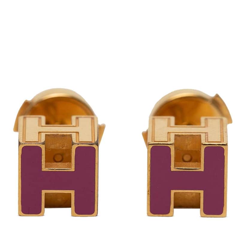 Hermès Gold Plated Enamel Cage dH Cube Push Back Earrings Purple Metal Very good condition - Front View