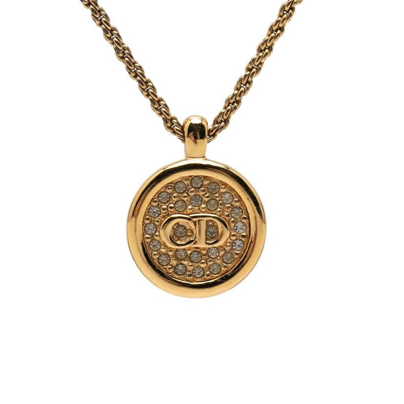 Dior Gold Plated Strass CD Round Pendant Necklace Gold Metal Very good condition - Front View