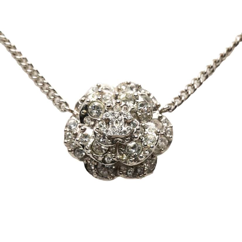 Chanel Brass and Strass Camellia Pendant Necklace Silver Brass Very good condition - Front View