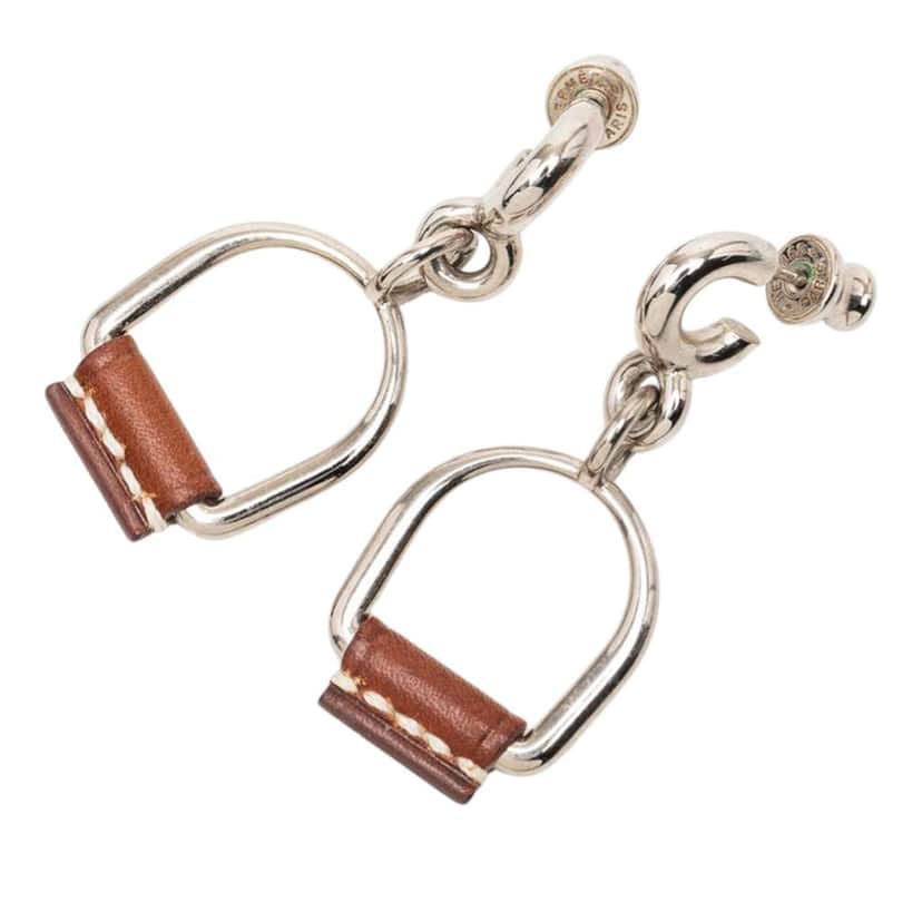 Hermès Silver Plated and Swift Leather Equestre Etrier Push Back Earrings Silver Metal Very good condition - Front View