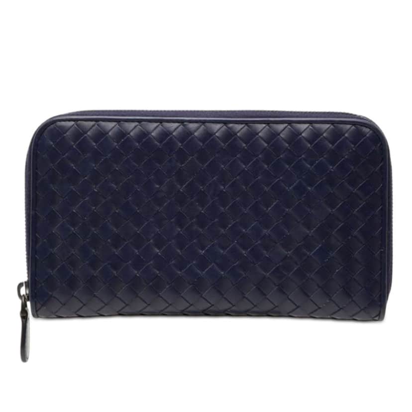 Bottega Veneta Leather Intrecciato Zip Around Wallet Blue Leather Very good condition - Front View