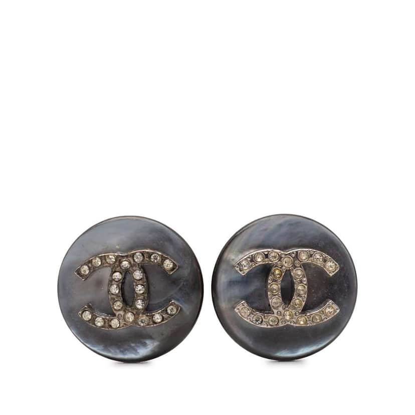 Chanel CC Faux Pearl Strass Clip On Earrings Grey Very good condition - Front View