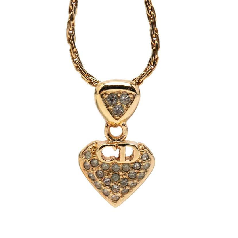 Dior Gold Plated Strass CD Logo Heart Pendant Necklace Gold Metal Very good condition - Front View