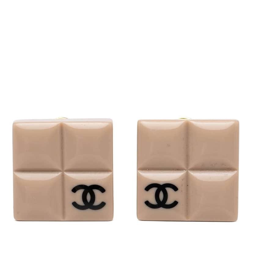 Chanel Resin CC Chocolate Bar Clip On Earrings Beige Very good condition - Front View