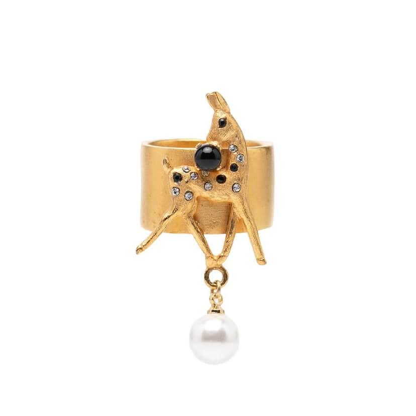 Chanel Gold Plated Rhinestone and Faux Pearl Bambi Ring Gold Metal Very good condition - Front View