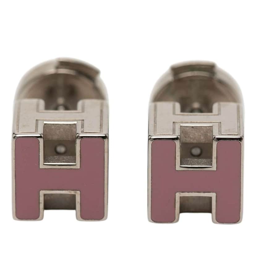 Hermès Palladium Plated Enamel Cage d H Push Back Earrings Pink Metal Very good condition - Front View