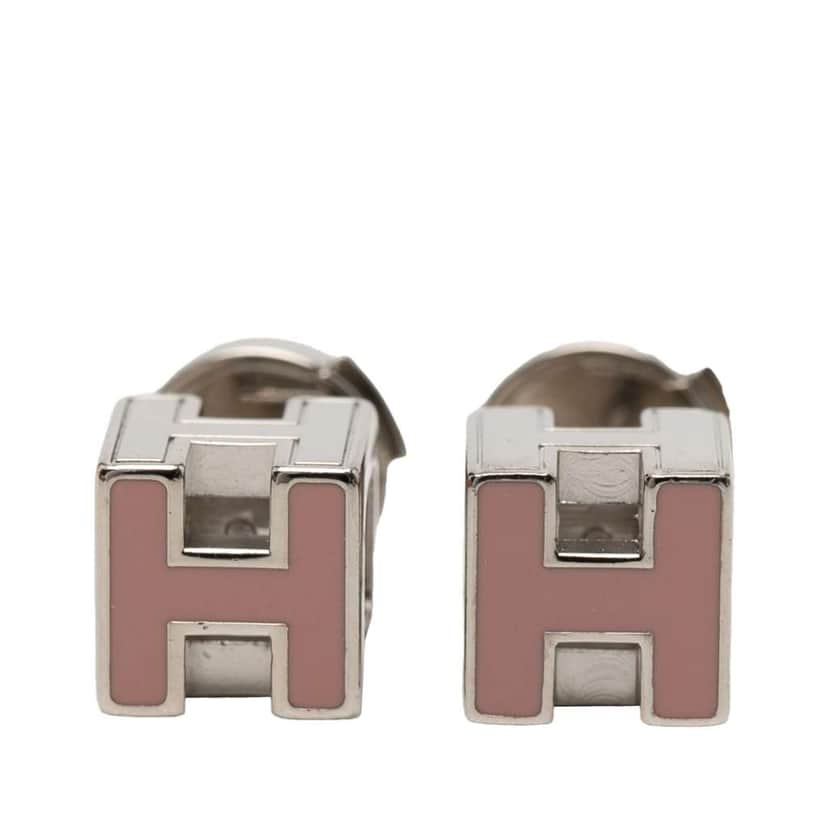 Hermès Palladium Plated and Enamel Cage D H Push Back Earrings Pink Metal Very good condition - Front View