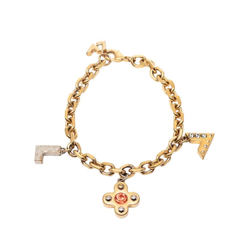 Louis Vuitton Gold Plated Brass and Strass Love Letters Charm Bracelet Gold Metal Very good condition - Front View