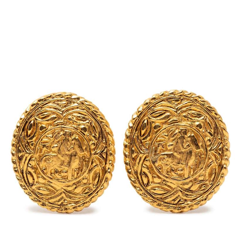 Chanel Gold Plated Horse Medallion Clip On Earrings Gold Metal Very good condition - Front View