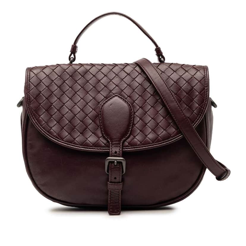 Bottega Veneta Intrecciato Trimmed Leather Double Sided Flap Satchel Red Leather Very good condition - Front View